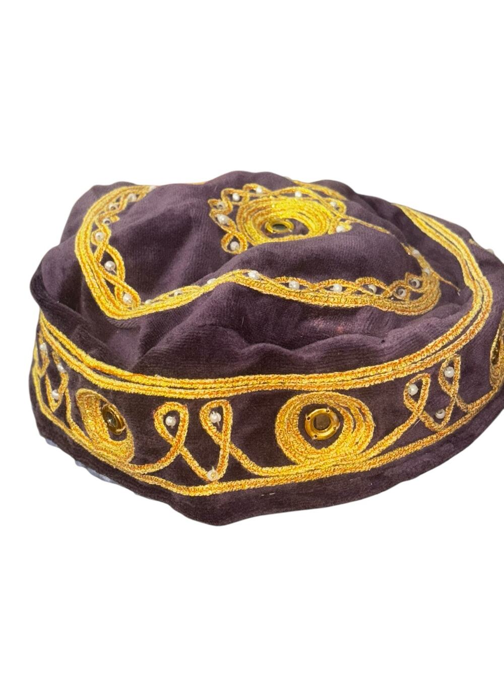 Vintage Velvet Embroidered Turkish Hat Kufi Gold Thread Mirror Bead Costume